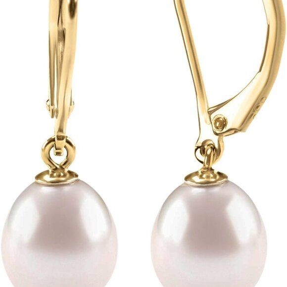 Handpicked AAA+ Freshwater Pearl Dangle Earrings in Yellow Gold